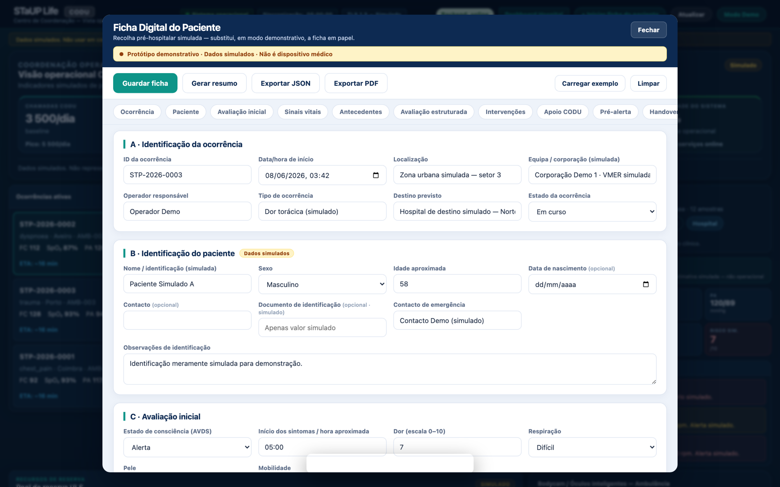 Dashboard pré-hospitalar da STaUP Life (dados simulados)